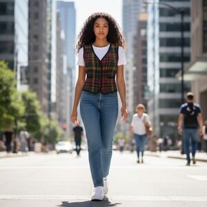 Vtg Christmas Classic Elements Plaid V-Neck Button Front Vest‎ Womens Green Red